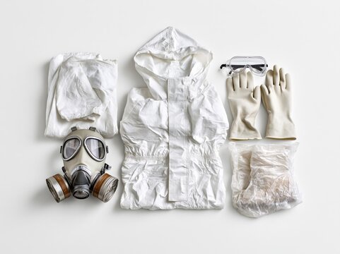 White protective hazmat suit with respirator and safety gear laid out for chemical protection tasks