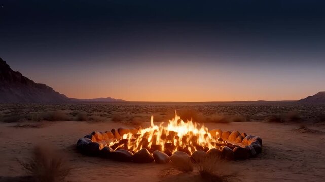 Desert campfire burning with tall flickering flames inside stone ring beside sandy ground at twilight, warm firelight glowing against open horizon and distant rugged landscape