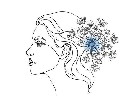 Woman profile with blue flower - line art floral portrait illustration