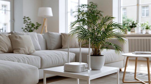 Wifi router sitting on a white table in a bright modern home living room during the day