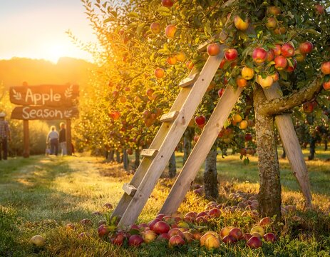 Apple orchard with laden trees and fallen fruit at golden hour a scenic photograph of autumn harvest apples fall sunset sunrise warm light agricultural