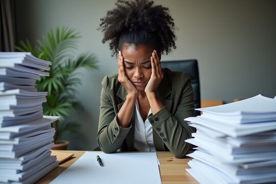 Exhausted African American businesswoman overwhelmed by paperwork at her desk.
