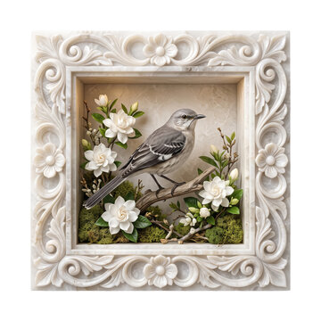 Small bird perched on a branch with white flowers inside an ornate vintage decorative wall frame isolated on transparent background
