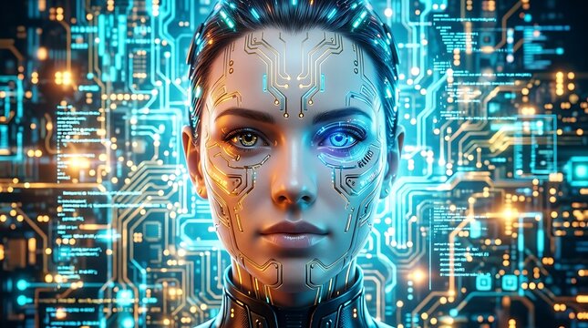 Cybernetic human face with digital circuit background