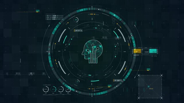 Motion graphic of an artificial intelligence cybernetic head within a futuristic interface, featuring complex HUD data processing rings and machine learning system graphics.