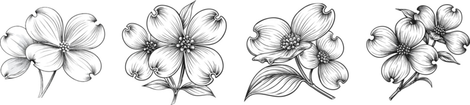 A vintage herbarium sketch of two four-petaled dogwood flowers in crisp black-and-white botanical precision