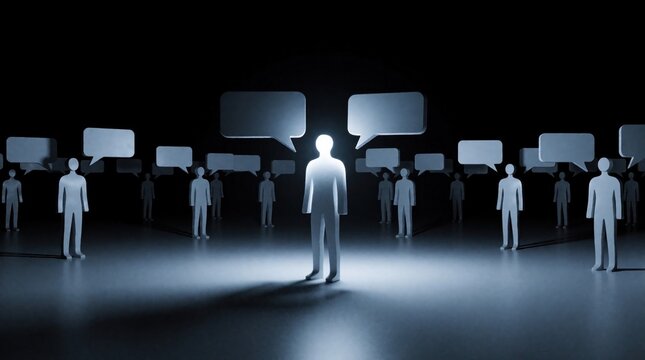 Abstract silhouettes stand in dark space with speech bubbles around. Group of people figures interact in echo chamber concept. Digital social network communication loop shows repetitive thought,