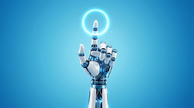 Robotic hand pointing to glowing ring in futuristic space