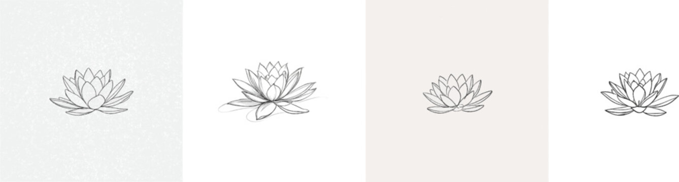 A minimalist etching of a single water lily bloom in black and white, with sharp, layered petals radiating from the center against a clean white background