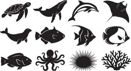 Collection of black silhouette representing various marine life species including sea turtle, whale, dolphin, ray, and coral reef © RobiulIslam
