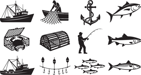 Set of black silhouettes depicting fishing boats, fishermen with nets and rods, anchors, crabs, lobster traps, and fish on white © RobiulIslam