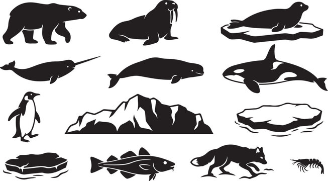 Set of black silhouettes of arctic animals including polar bear, walrus, seal, narwhal, whale, orca, penguin, mountain, ice, fish, fox, and shrimp