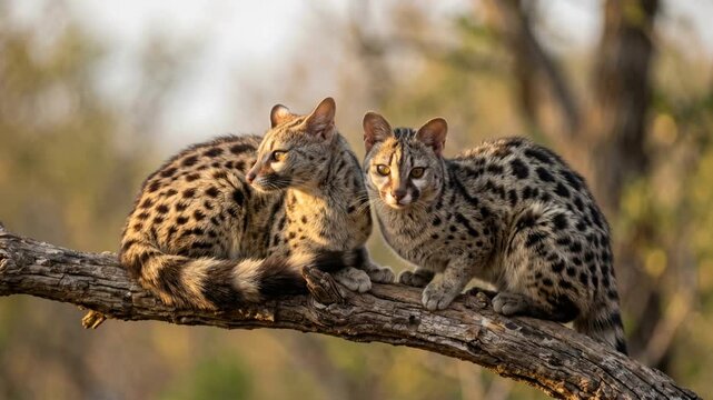 two genet close up in african savanna woodland morning light video