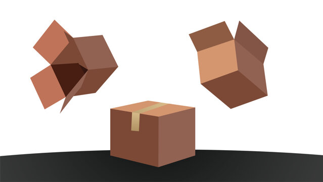 3D Cardboard Box Set with Open, Closed and Folded Packaging Isolated