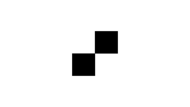 Minimalist two black squares pixel loader animation blinking sequentially on white background. Clean UI UX preloader motion graphic for web and app.