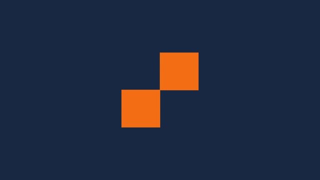 Two orange and white squares pixel loading animation blinking on dark blue background. Modern minimalist motion graphics preloader for tech interface.