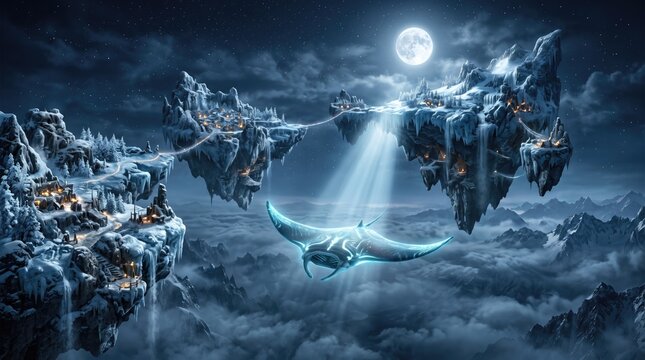 Fantasy floating islands moonlight landscape - fantasy digital art landscape