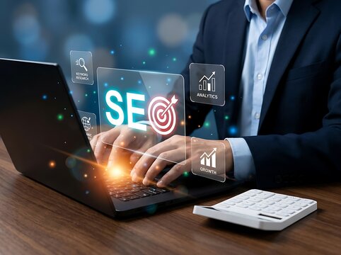 Business growth concept featuring advanced SEO technology website optimization search engine analytics and digital visibility solutions