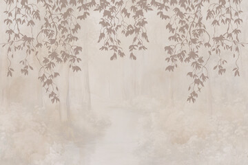 Dreamy Neutral Forest Mural with Hanging Leaves and Misty Background © Mondal_01