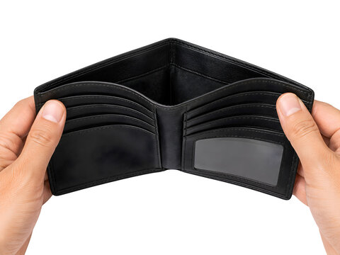 Empty black leather wallet held open, poverty and financial crisis concept isolated on Transparent Background
