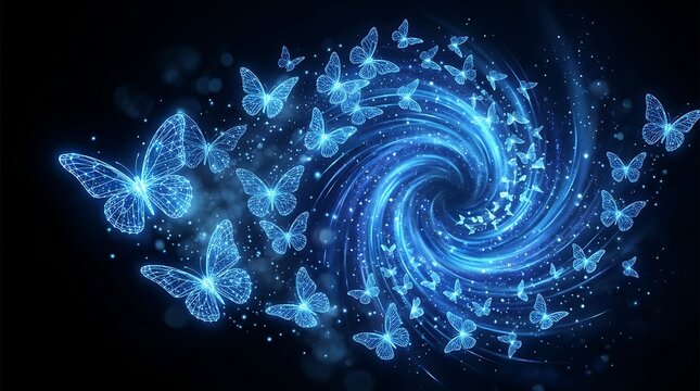 Blue glowing butterflies around cosmic spiral galaxy design