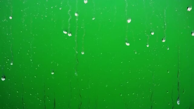 Raindrops Slowly Sliding Down A Clean Glass Window Pane With A Vibrant Green Chroma Key Background For Video Compositing