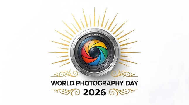 Camera lens icon featuring colorful shutter blades and golden sunburst rays celebrating world photography day in the year twenty twenty six