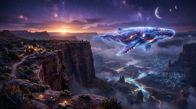 Fantasy floating whale landscape at night - fantasy digital art landscape