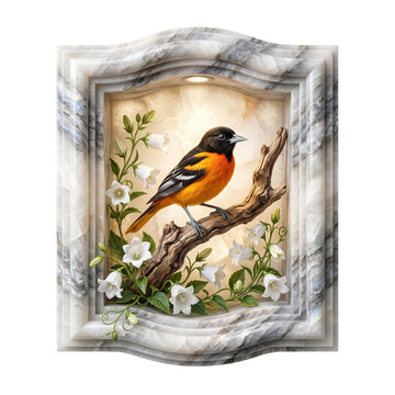 Beautiful orange and black oriole bird sitting on a tree branch inside a vintage marble frame isolated on transparent background
