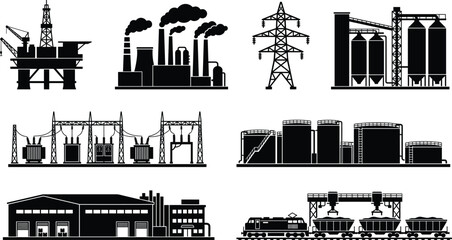 Heavy Industry Power Generation Factory Infrastructure and Oil Refinery Vector Icon Set © Unique mim Art