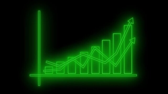 Neon-style glowing bar chart on black background with axes and three trend arrows overlay animation