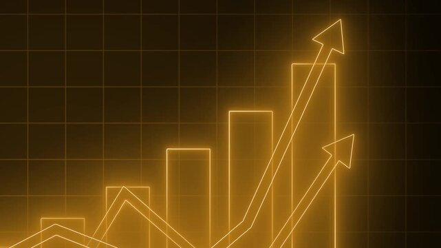 Neon-style glowing bar chart on black background with axes and three trend arrows overlay animation