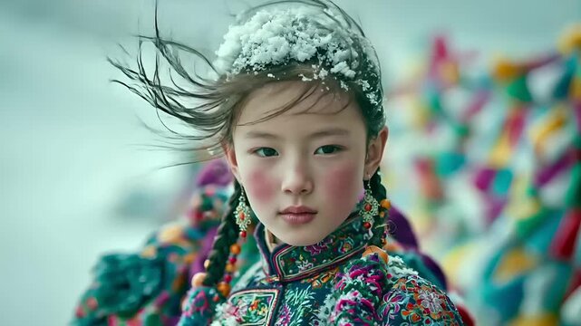 A closeup portrait of a young girl, captured in a candid moment. She wears a vibrant, ornate garment with intricate floral patterns in shades of green, pink, and red. Her hair is styled in a wild.
