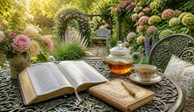  A garden table displays an open book, a steaming cup of tea, and a colorful arrangement of flowers.
