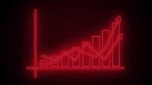 Neon-style glowing bar chart on black background with axes and three trend arrows overlay animation