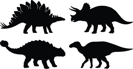 Herbivorous Dinosaur Silhouettes Collection Featuring Stegosaurus Triceratops Ankylosaurus and Parasaurolophus Vector Set © Unique mim Art