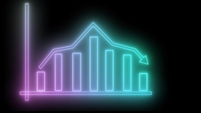 Glowing neon-style bar chart with overlaid line graph and arrow on black background, futuristic minimal financial visualization animation