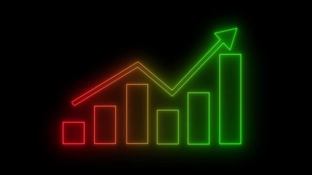 Glowing neon-style outline of a bar chart with five vertical bars and a downward arrow above animation