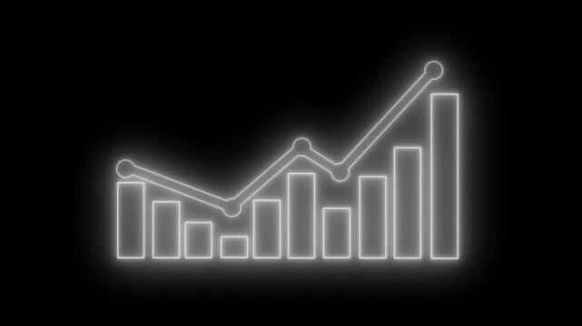 Neon glowing bar chart with line graph overlay on black background, minimalist digital analytics concept animation