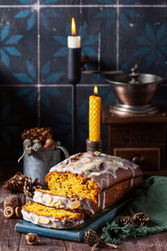 Pumpkin cake with chocolate and icing, prepared for a Halloween party.