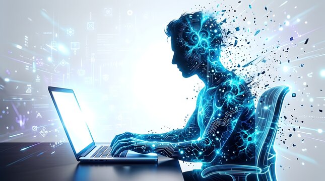 Person working on laptop with digital brain glow effect