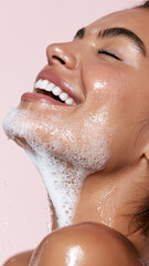 Fototapeta premium Young woman enjoying a refreshing facial cleansing ritual, experiencing clear and healthy skin with gentle foaming soap, promoting beautiful dermatology and wellness concepts