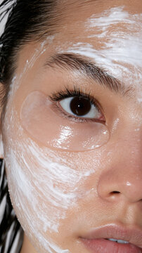 Close up of a young woman's face receiving a beauty treatment. Applying under eye patches and a creamy white facial mask