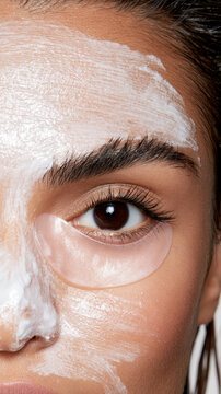 Woman hydrating skin with white face mask and rejuvenating under eye patches for a spa facial treatment and healthy skincare routine, focusing on beauty and wellness