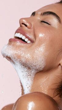 Young woman enjoying a refreshing facial cleansing ritual, experiencing clear and healthy skin with gentle foaming soap, promoting beautiful dermatology and wellness concepts
