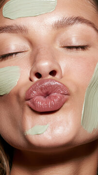 Woman with closed eyes and puckered lips applying green clay facial mask, enjoying a spa skincare routine for healthy, glowing skin, promoting beauty, wellness, and self care at home