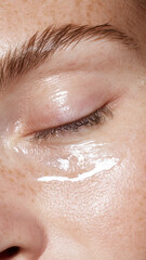 Fototapeta premium Person's closed eye and surrounding skin showing visible freckles. Featuring a clear. Glossy gel or serum applied to the eyelid. Emphasizing a radiant. Hydrated