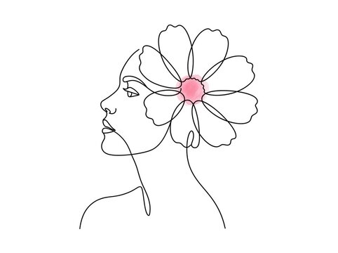Woman profile with pink flower - line art floral portrait illustration