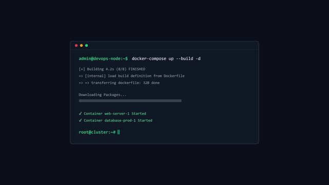 Docker compose up command execution in terminal for software development and container orchestration animation 4k