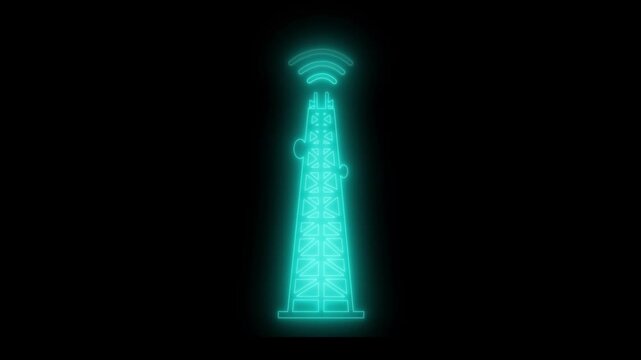 Neon-style glowing radio tower icon on black background, emitting wifi signal arcs at top animation